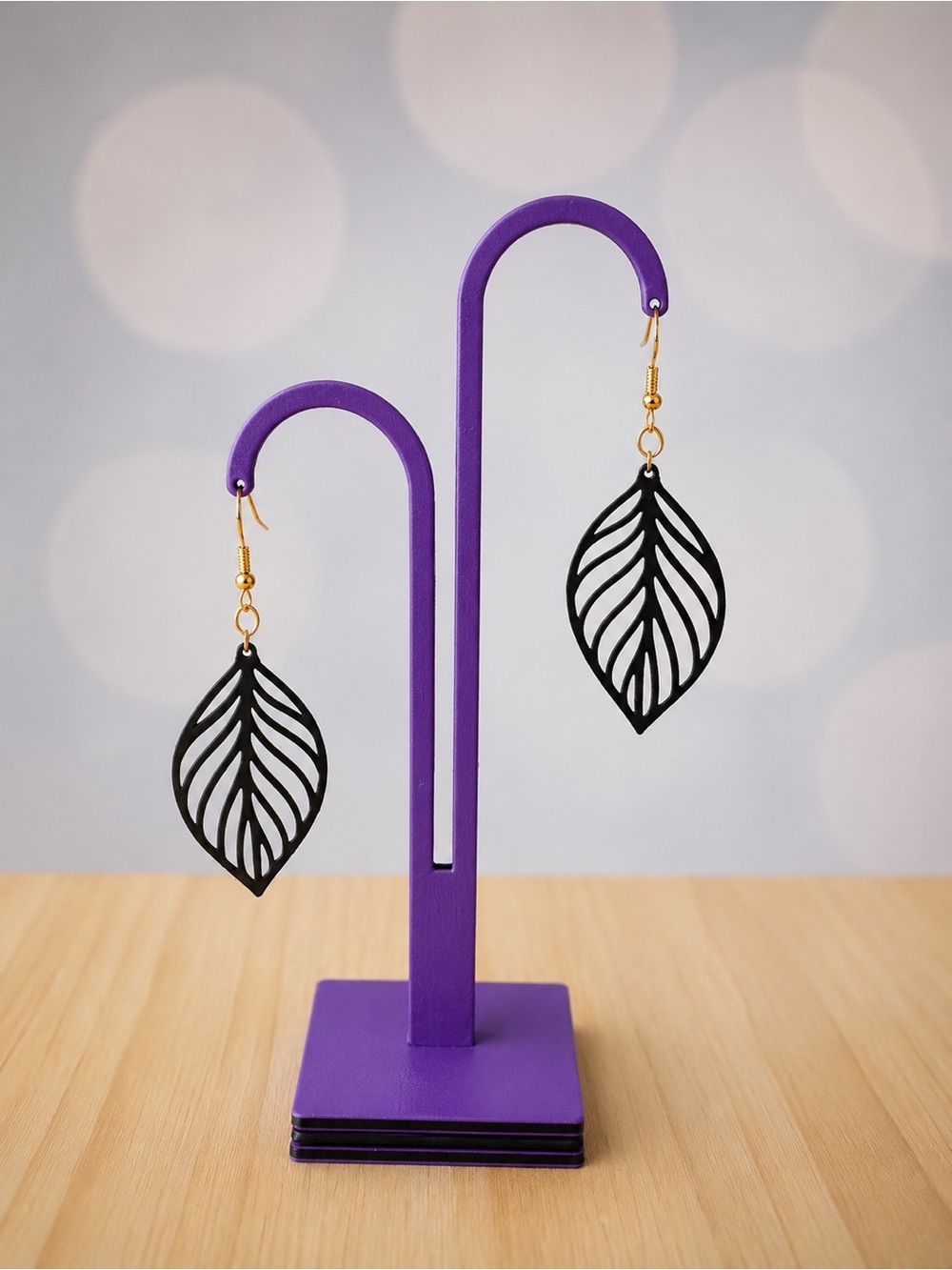 3D Printed Black Leaf Cutout Earrings with Gold Hooks - Women Jewelry